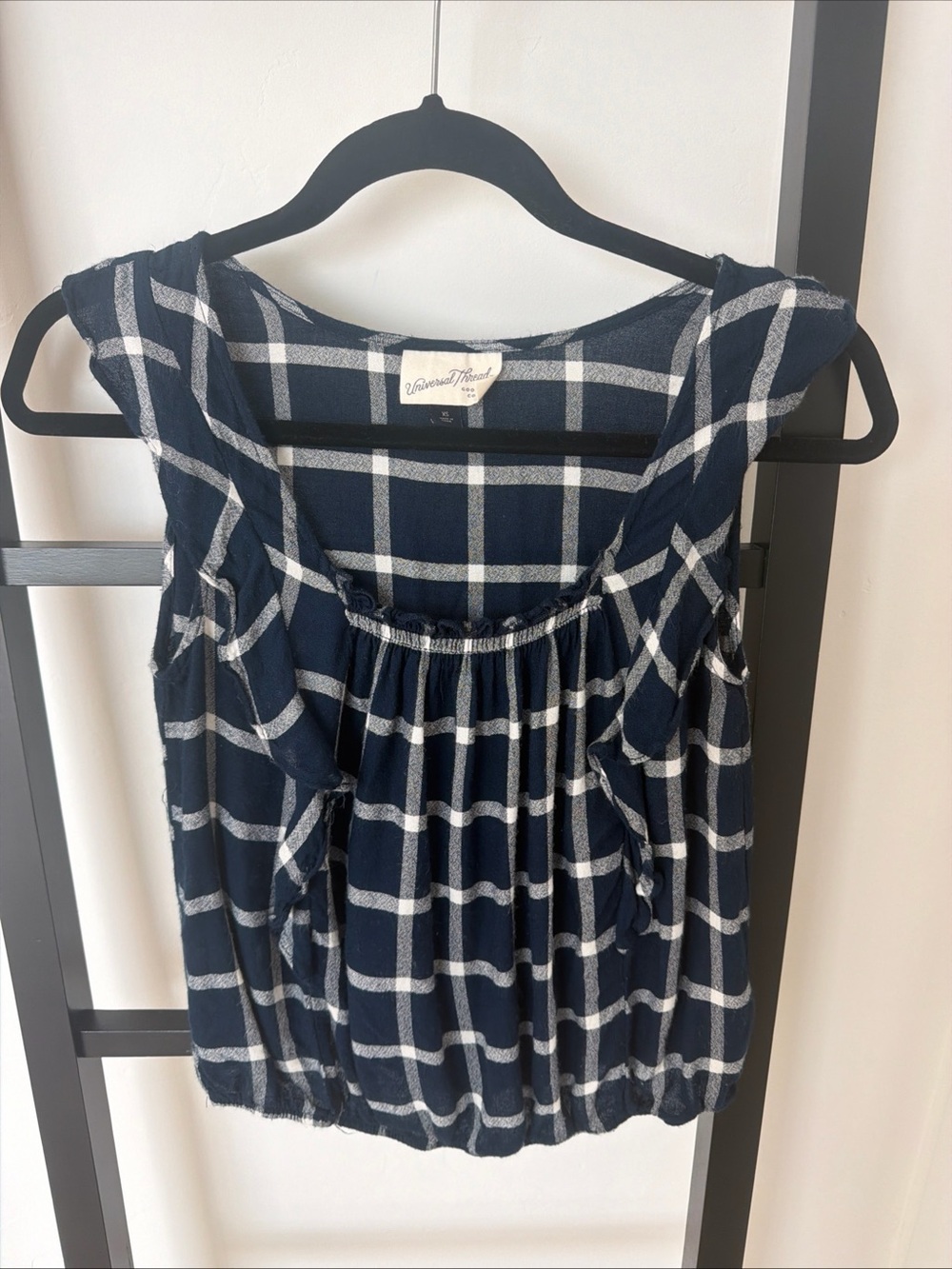 Universal Thread Navy and White Checked Tank Top with Ruffle Details